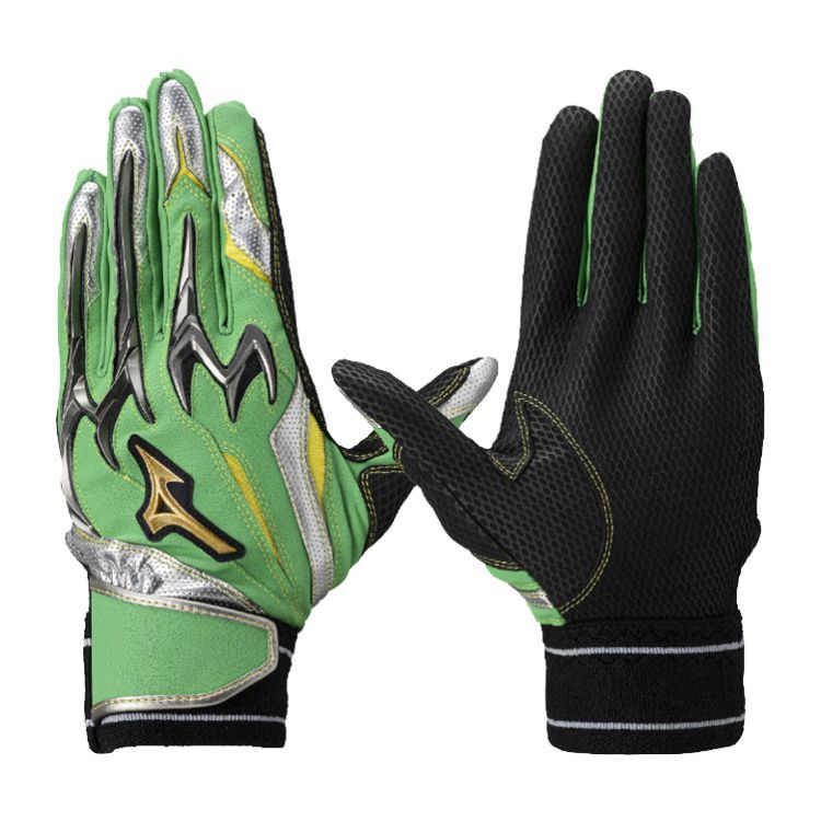 ミズノプロ MizunoPro バッティンググローブ グリーン×シルバー×シルバー 一般 1EJEA565 -刺繍対応