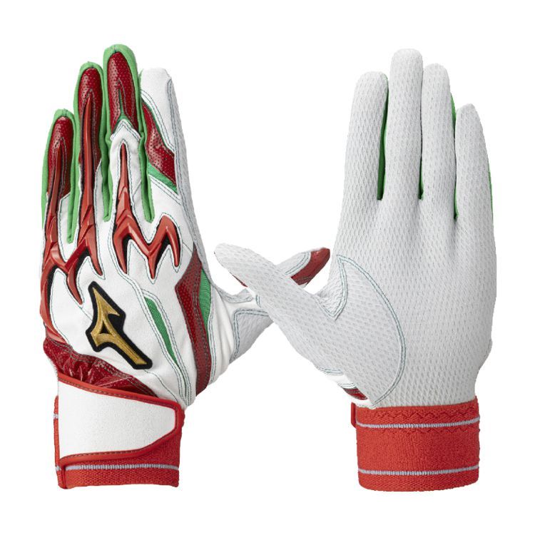 ミズノプロ MizunoPro バッティンググローブ ホワイト×レッド×グリーン 一般 1EJEA565 -刺繍対応